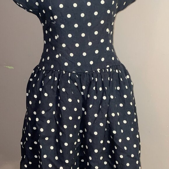 Lilly's Closet Linen A-Line Dress Navy Blue White Polka Dots Cap Sleeve Sz 2 - Picture 3 of 10